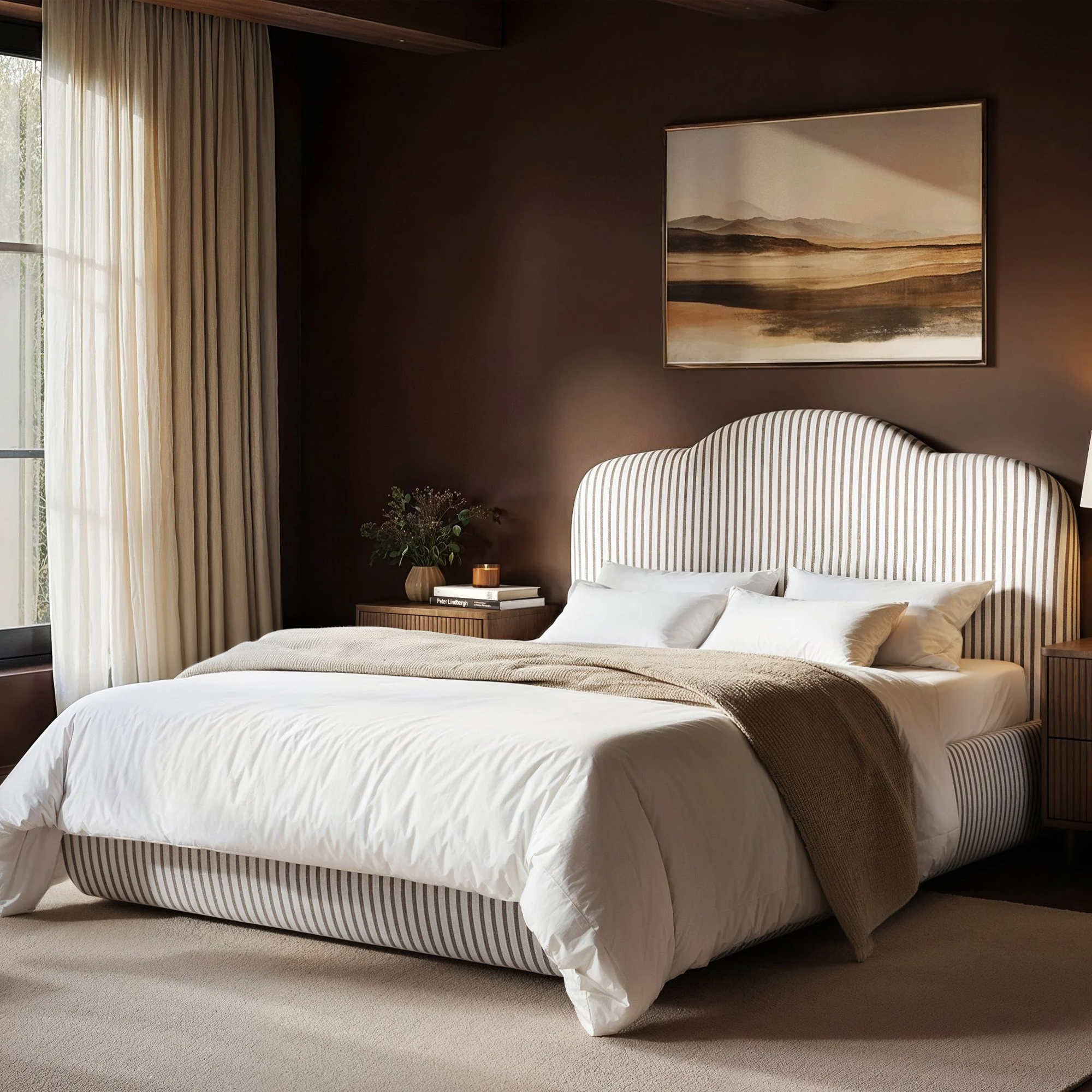 Bed Kingdom, Solace+co Skylynn Cloud Ottoman Bed Brown Striped-Double