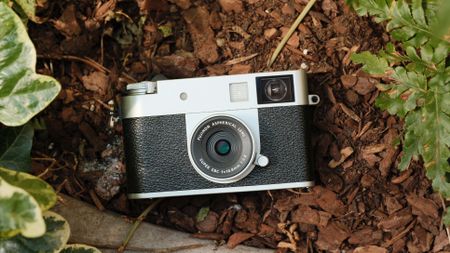 Fujifilm X Half camera on wood chips surrounded by green plants