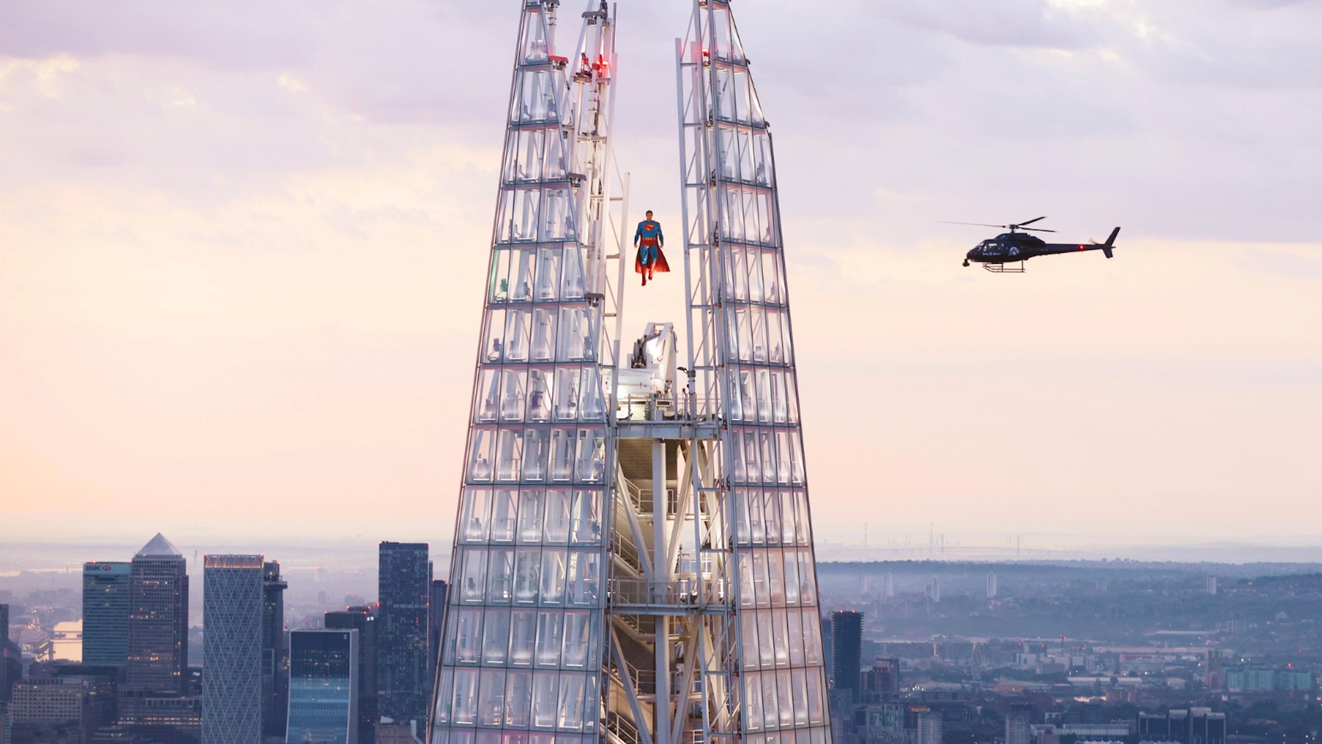 A model of Superman suspended above the shard 