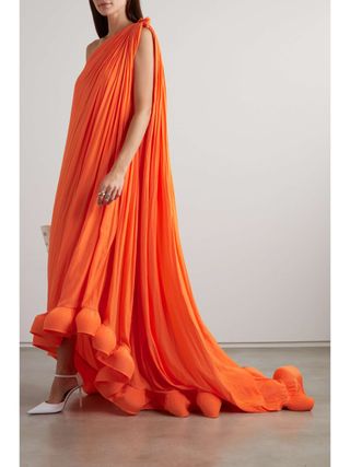 One-Shoulder Ruffled Charmeuse Gown