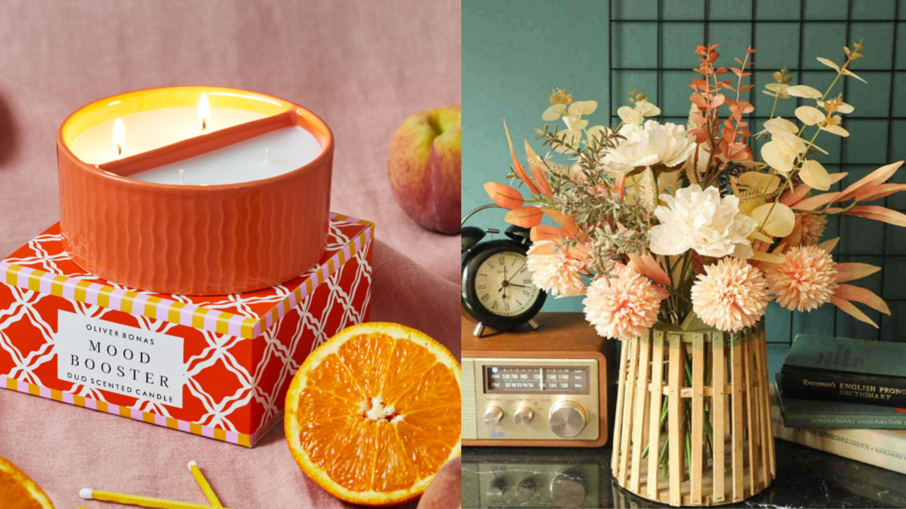 A split image showing an organe candle and a vase of flowers.