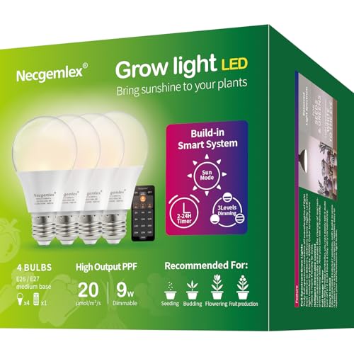 Necgemlex Smart Led Grow Light Bulbs With Remote Controller, Sun Simulation Mode, Built-In Auto Timer, A21/a70 E26/e27 9w Dimmable Full Spectrum Intelligent Plant Grow Bulbs for Indoor Plants, 4 Pack