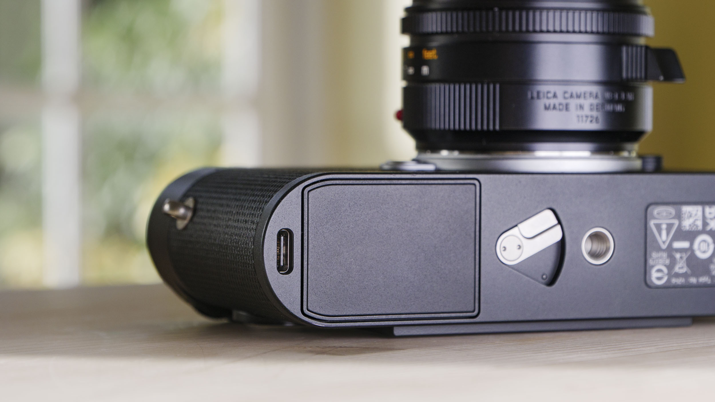 Close up of the Leica M EV1 camera's battery door
