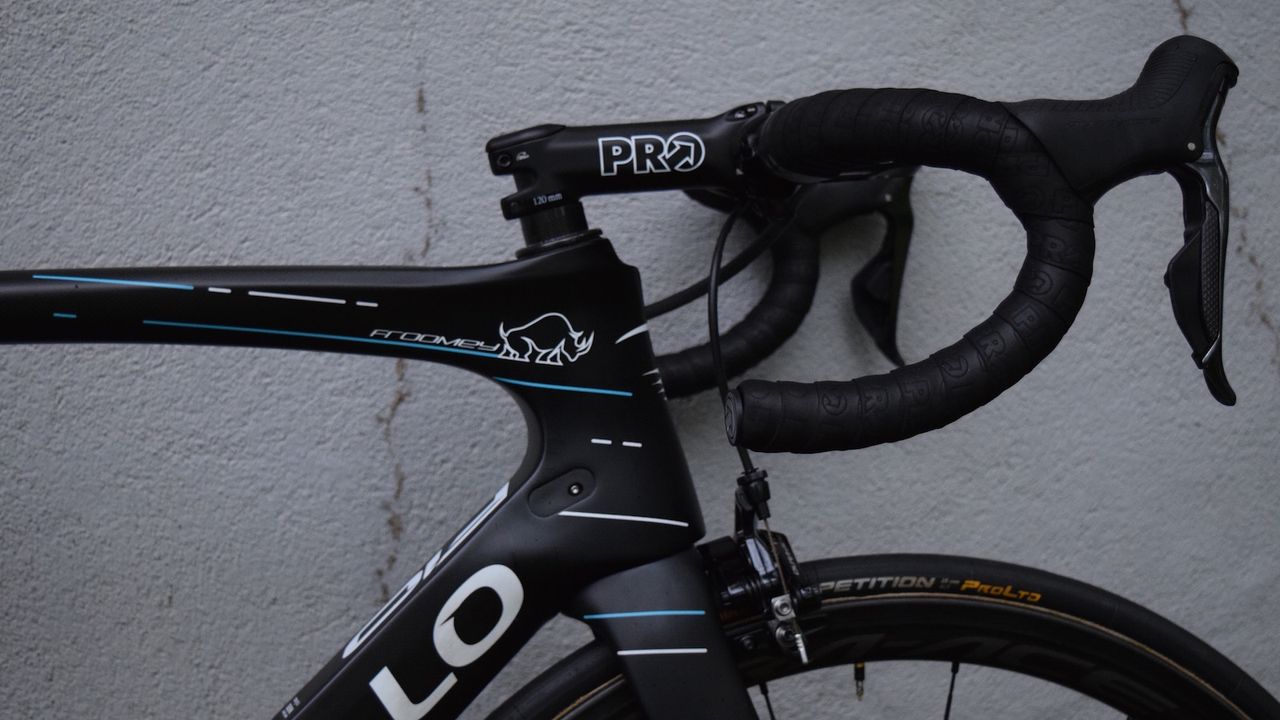 Froome's Dogma features a Rhino on the head tube cluster as a nod to his upbringing in Kenya