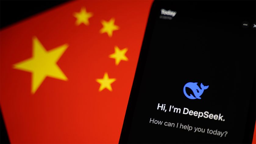 DeepSeek AI chat displayed on phone screen in front of Chinese flag