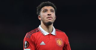 Jadon Sancho of Manchester United looks dejected during the UEFA Europa League group E match between Manchester United and Omonia Nikosia at Old Trafford on October 13, 2022 in Manchester, United Kingdom.