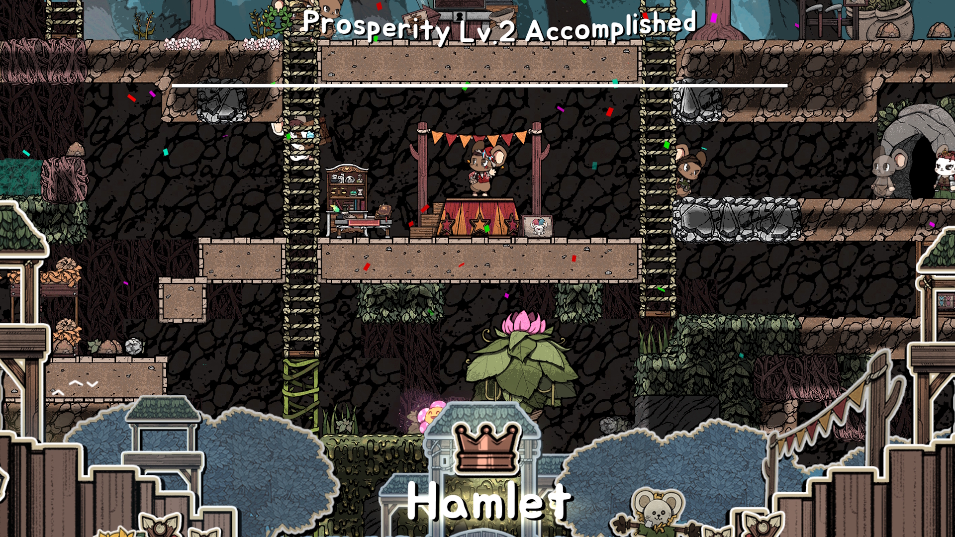 Ratopia screenshot showing a base has reached prosperity level 2, earning it the moniker Hamlet