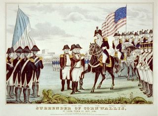 The surrender of Cornwallis at Yorktown, Virginia in Oct. 1781. 