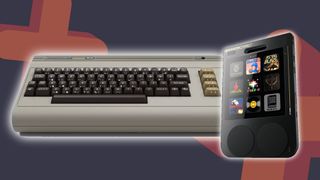 Commodore 64 Ultimate microcomputer on left and Gamercard handheld on right with glowing outline and GamesRadar+ grey and orange backdrop.