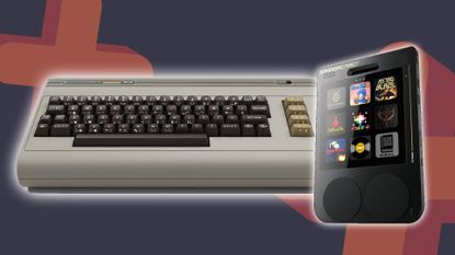 Commodore 64 Ultimate microcomputer on left and Gamercard handheld on right with glowing outline and GamesRadar+ grey and orange backdrop.