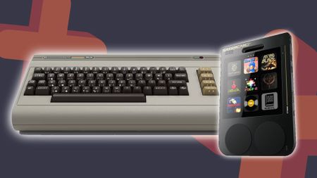 Commodore 64 Ultimate microcomputer on left and Gamercard handheld on right with glowing outline and GamesRadar+ grey and orange backdrop.