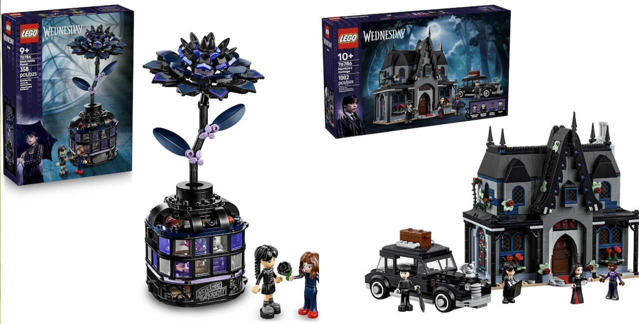 Side by side of LEGO Wednesday sets: Black Dahila and Morticia's Cottage