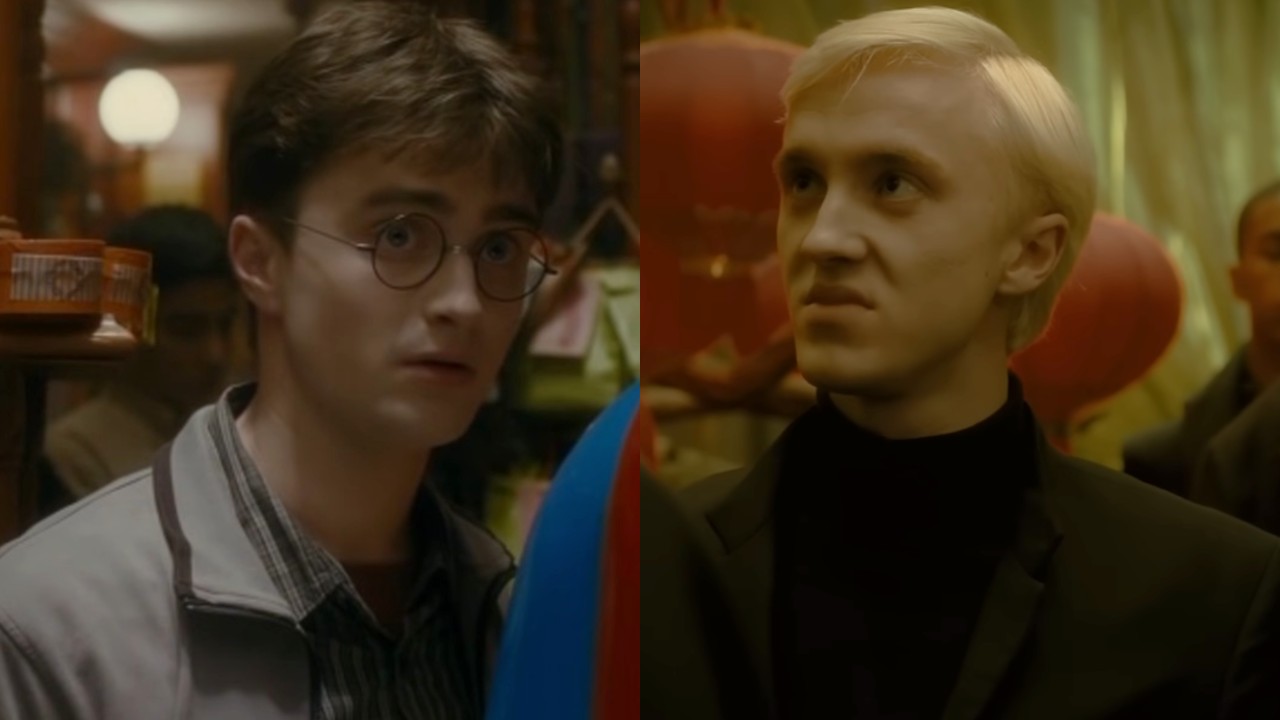 From left to right: Harry Potter looking to his right and Draco Malfoy sneering while looking to his left. 