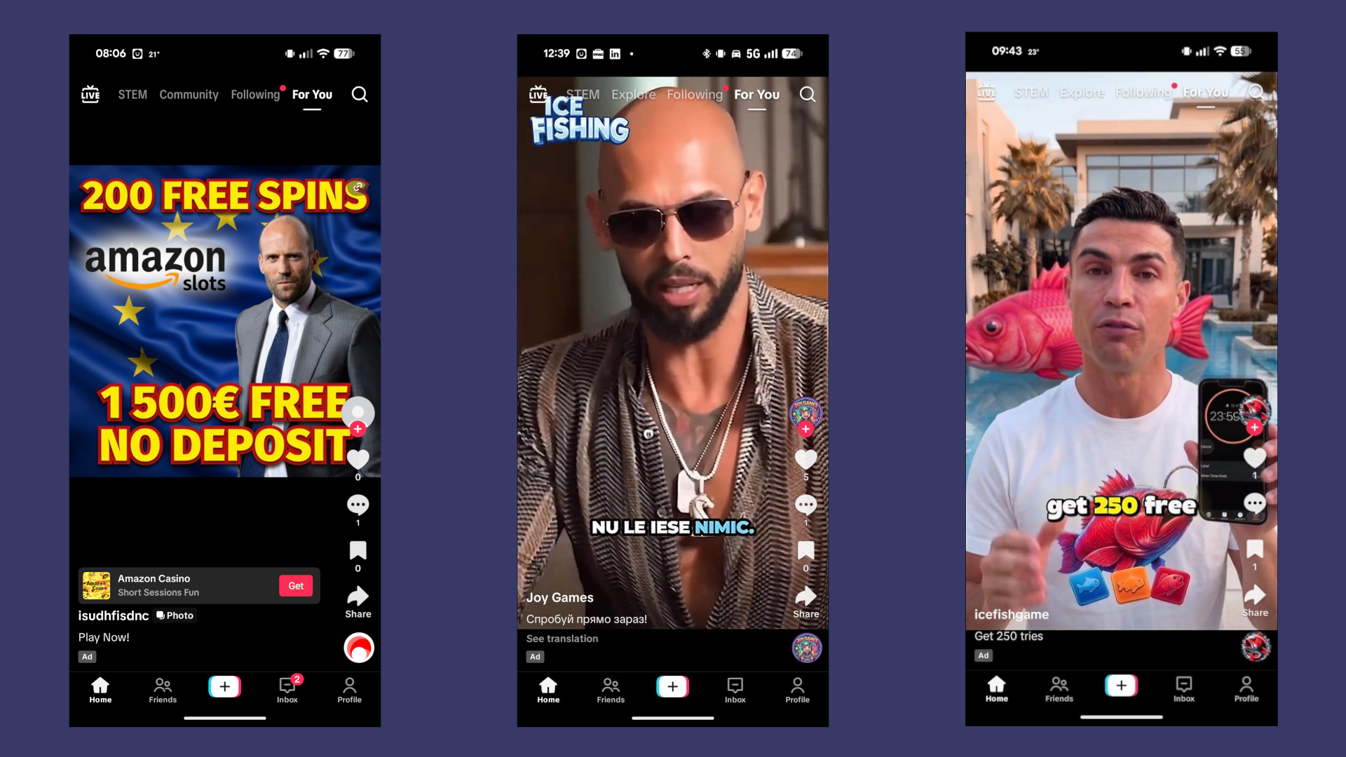 A selection of promoted adds on TikTok showing deepfakes of celebrities advertising fake apps on the Google Play Early Access platform.