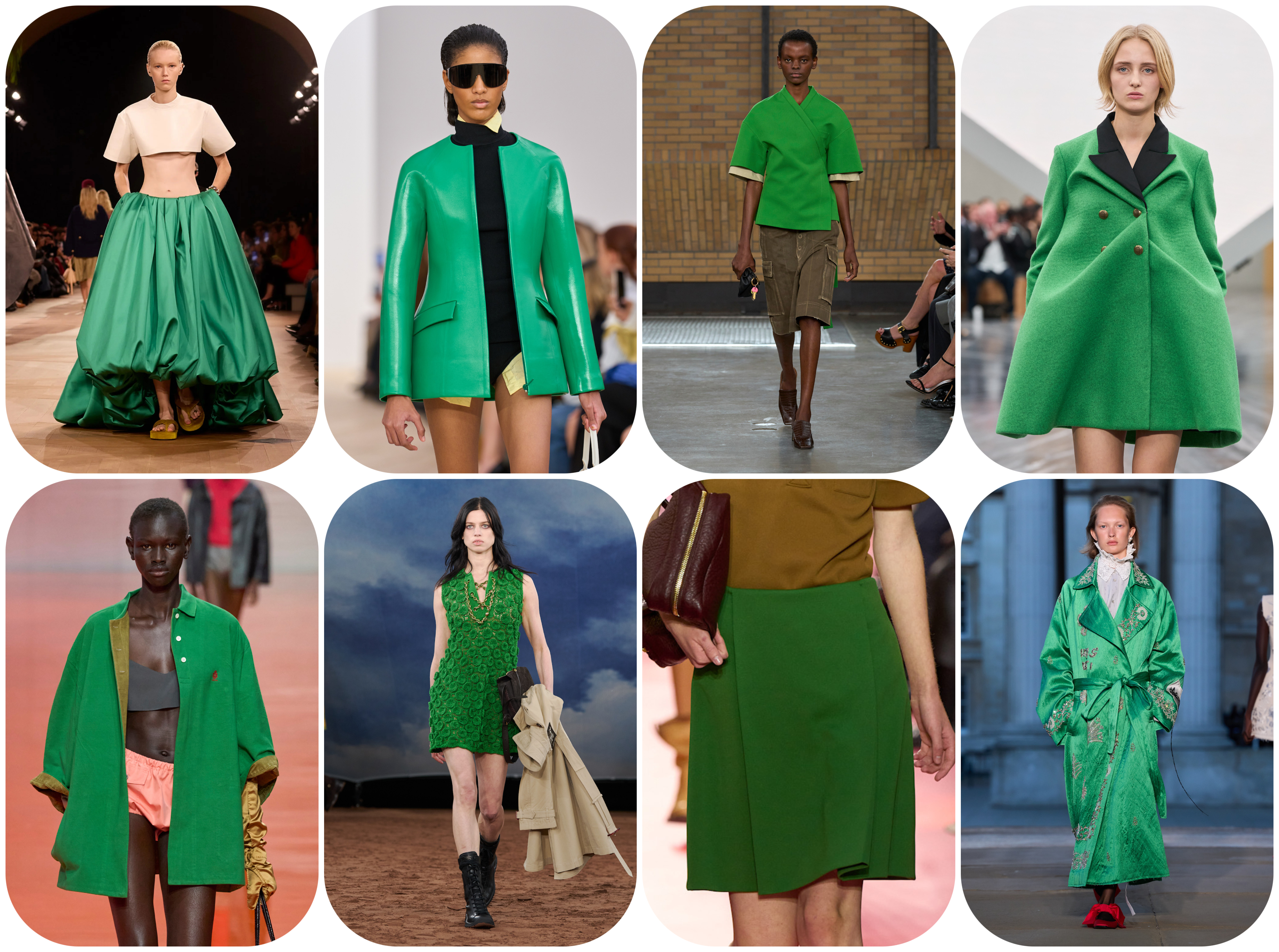 spring 2026 color trends, shamrock green at Balenciaga, Loewe, Calvin Klein, Dior, Prada, Burberry, Miu Miu, and Erdem Spring 2026 runway