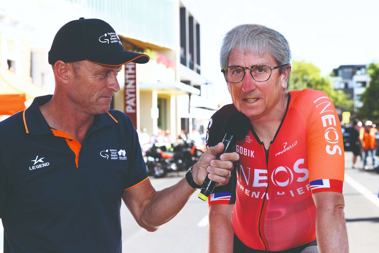 An elderly Geraint Thomas is interviewed in Ineos kit