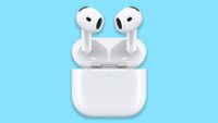 Apple's AirPods 4 on a blue background
