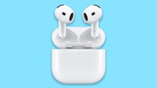 Apple's AirPods 4 on a blue background
