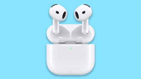 Apple's AirPods 4 on a blue background