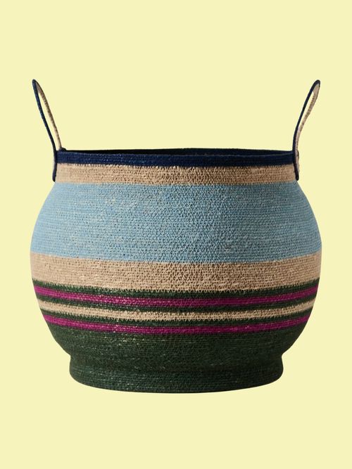 Large Round Basket With Large Striped Handles