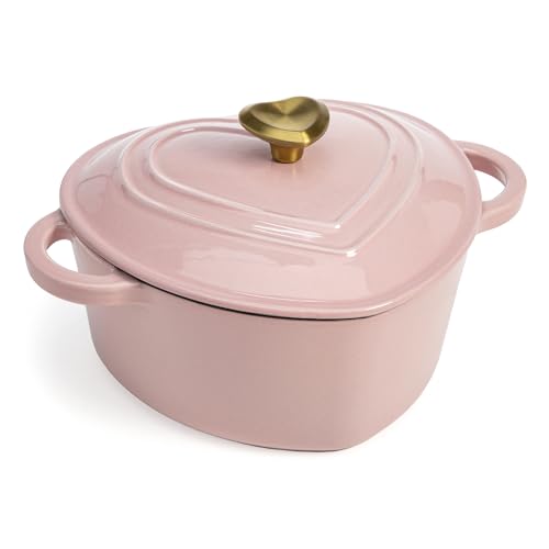 Paris Hilton Enameled Cast Iron Dutch Oven Heart-Shaped Pot With Lid, Dual Handles, Works on All Stovetops, Oven Safe to 500&amp;deg;f, 2-Quart, Pink