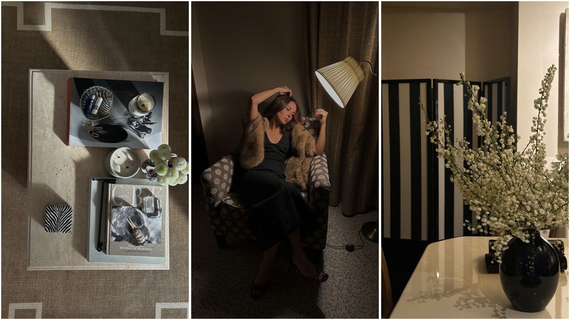A collage of chic home imagery, including a marble table with candles and coffee table books on, influencer @deborabrosa sitting on a luxurious armchair and a table with a large vase of flowers on