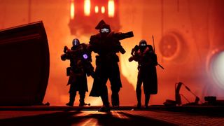 Three players talking through a metal city during the space game Destiny 2.