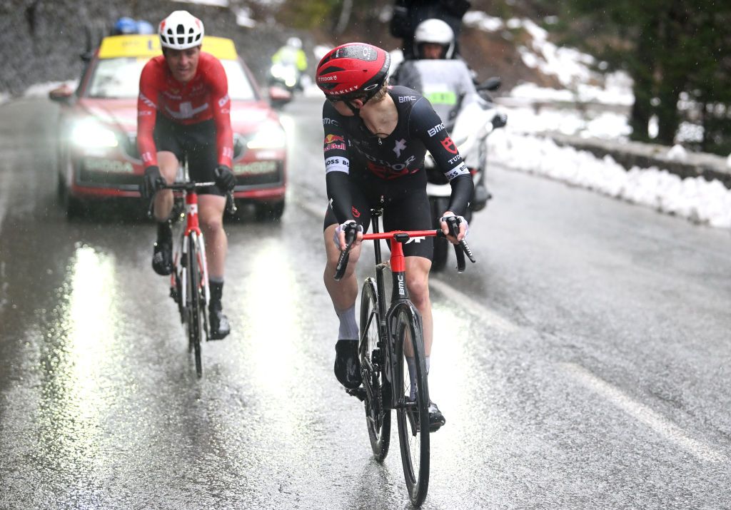 AURON FRANCE MARCH 15 LR Mauro Schmid of Switzerland and Team Jayco AlUla and stage winner Michael Storer of Australia and Tudor Pro Cycling Team compete in the breakaway during the 83rd Paris Nice 2025 Stage 7 a 1093km stage from Nice to Auron 1603m UCIWT on March 15 2025 in Auron France Photo by Dario BelingheriGetty Images