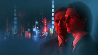 Artistic image of Tokyo Vice stars Ansel Elgort and Ken Watanabe in front of a Tokyo cityscape