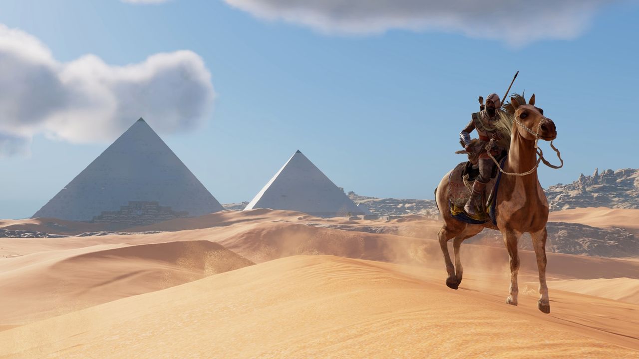 Riding away from the pyramids in AC Origins