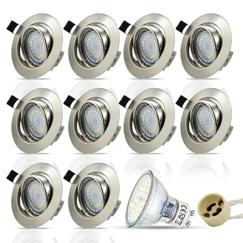 Hibay 10x Recessed Downlight Gu10 Brushed Chrome Recessed Ceiling Lights 30&amp;deg; Titlable 5w Round Spotlight Warm White for Living Room Bedroom 240v, 90mm Outer Diameter, 70-80mm Cut-Out Holes