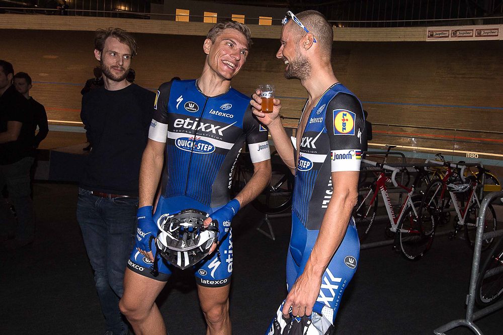 Marcel Kittel and Tom Boonen share a laugh at the Etixx-QuickStep team presentation