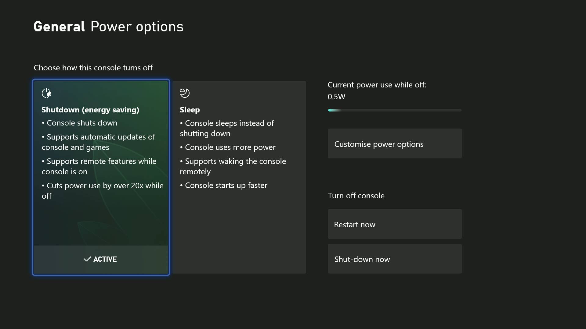 Xbox Series X shutdown power option settings menu