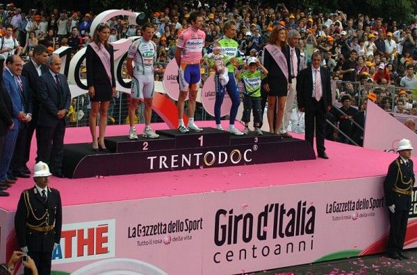 The top three on general classification Danilo Di Luca, Denis Menchov and Franco Pellizotti (L-R) on the podium in Rome.