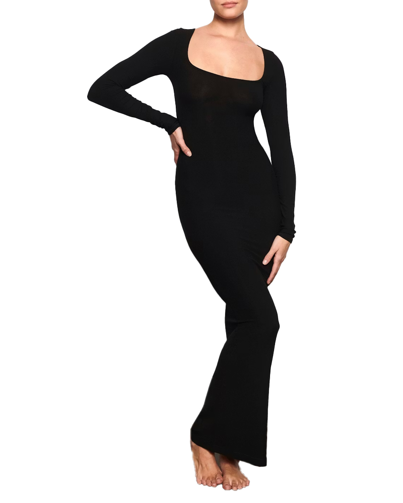 model wearing a long black dress, Skims
