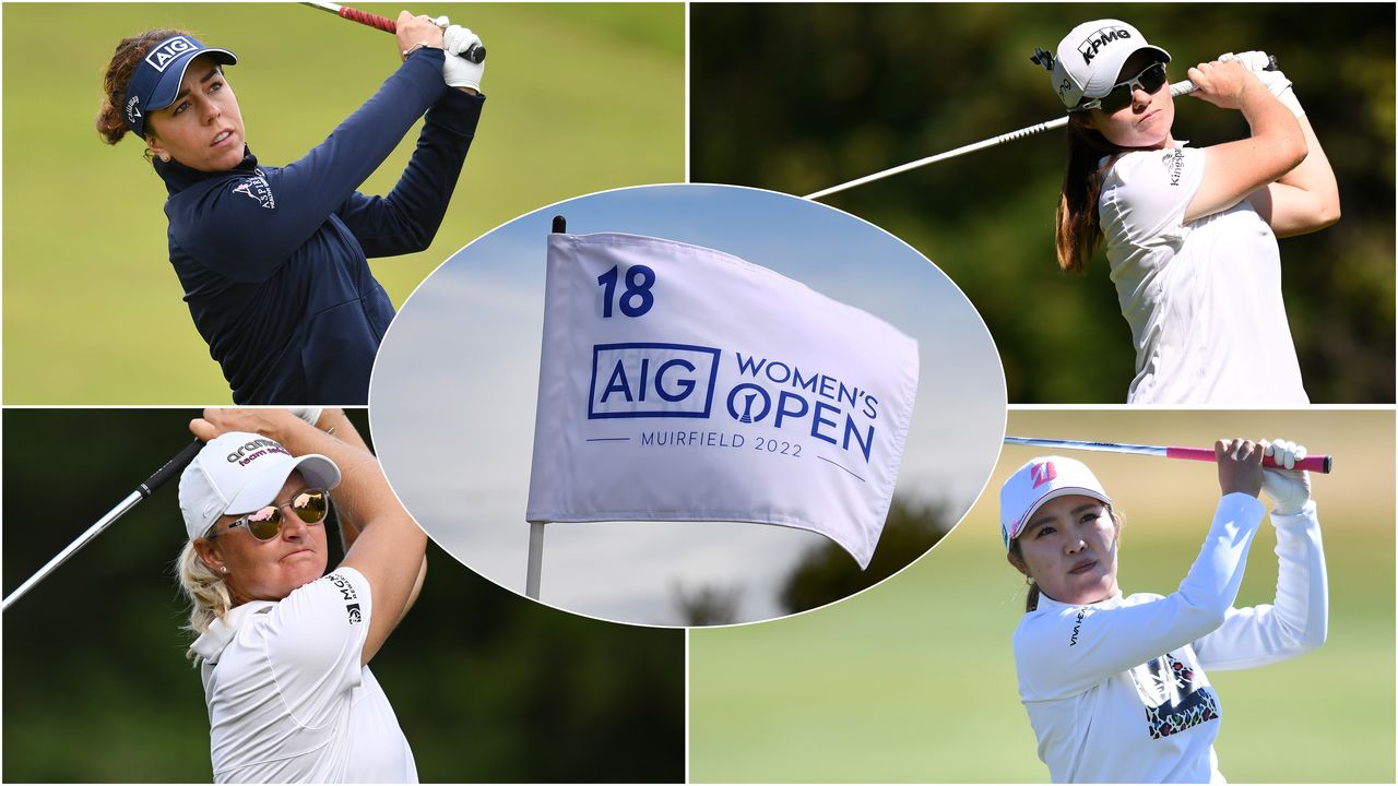 Four golfers and the AIG Women&#039;s Open flag pictured