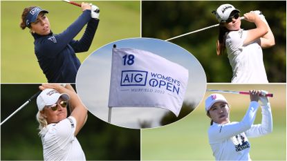 Four golfers and the AIG Women's Open flag pictured