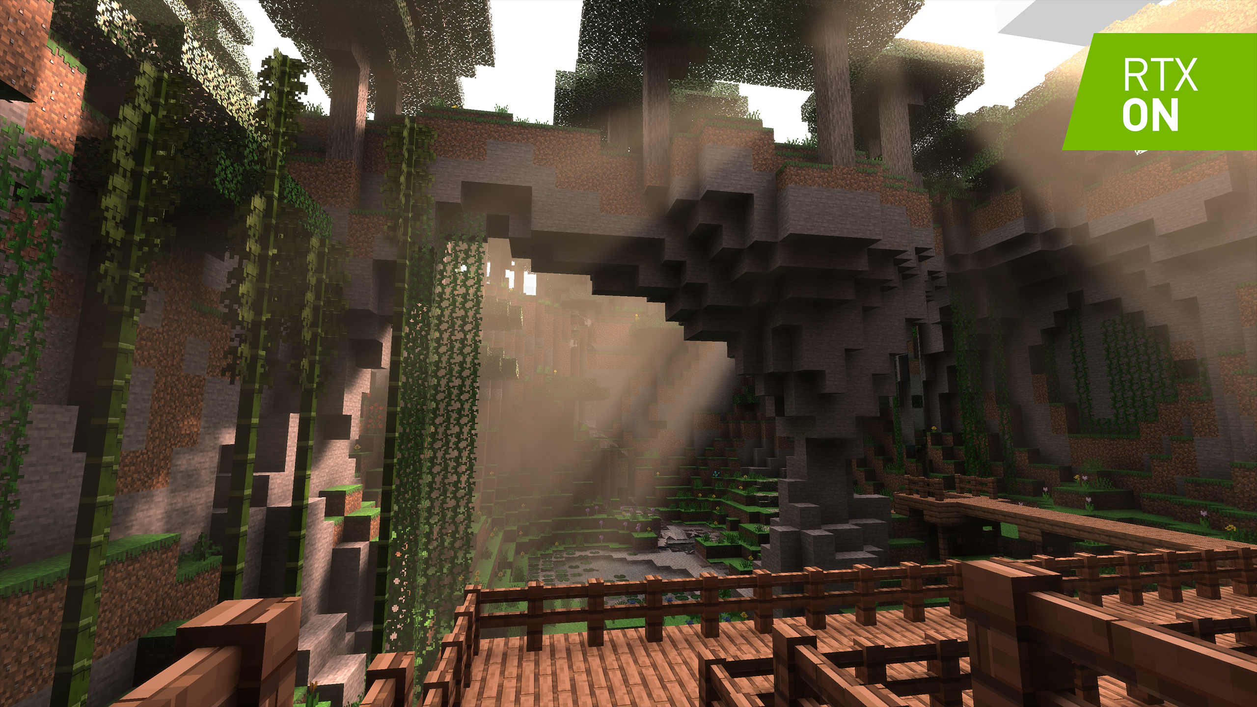 Sinar matahari yang dilacak dengan sinar terlihat melalui pepohonan di Minecraft