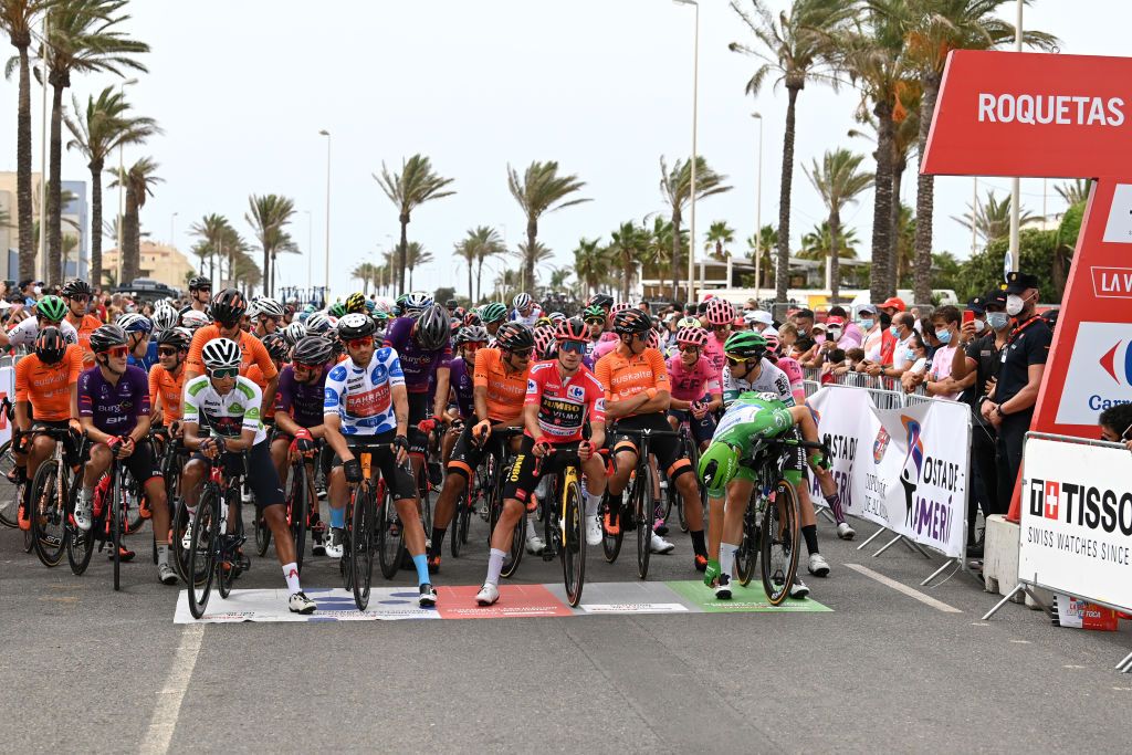 RINCON DE LA VICTORIA SPAIN AUGUST 24 LR Egan Arley Bernal Gomez of Colombia and Team INEOS Grenadiers White Best Young Rider Jersey Damiano Caruso of Italy and Team Bahrain Victorious Polka Dot Mountain Jersey Primoz Roglic of Slovenia and Team Jumbo Visma Red Leader Jersey and Fabio Jakobsen of Netherlands and Team Deceuninck QuickStep Green Points Jersey prior to the 76th Tour of Spain 2021 Stage 10 a 189km stage from Roquetas de Mar to Rincn de la Victoria lavuelta LaVuelta21 on August 24 2021 in Rincon De La Victoria Spain Photo by Stuart FranklinGetty Images
