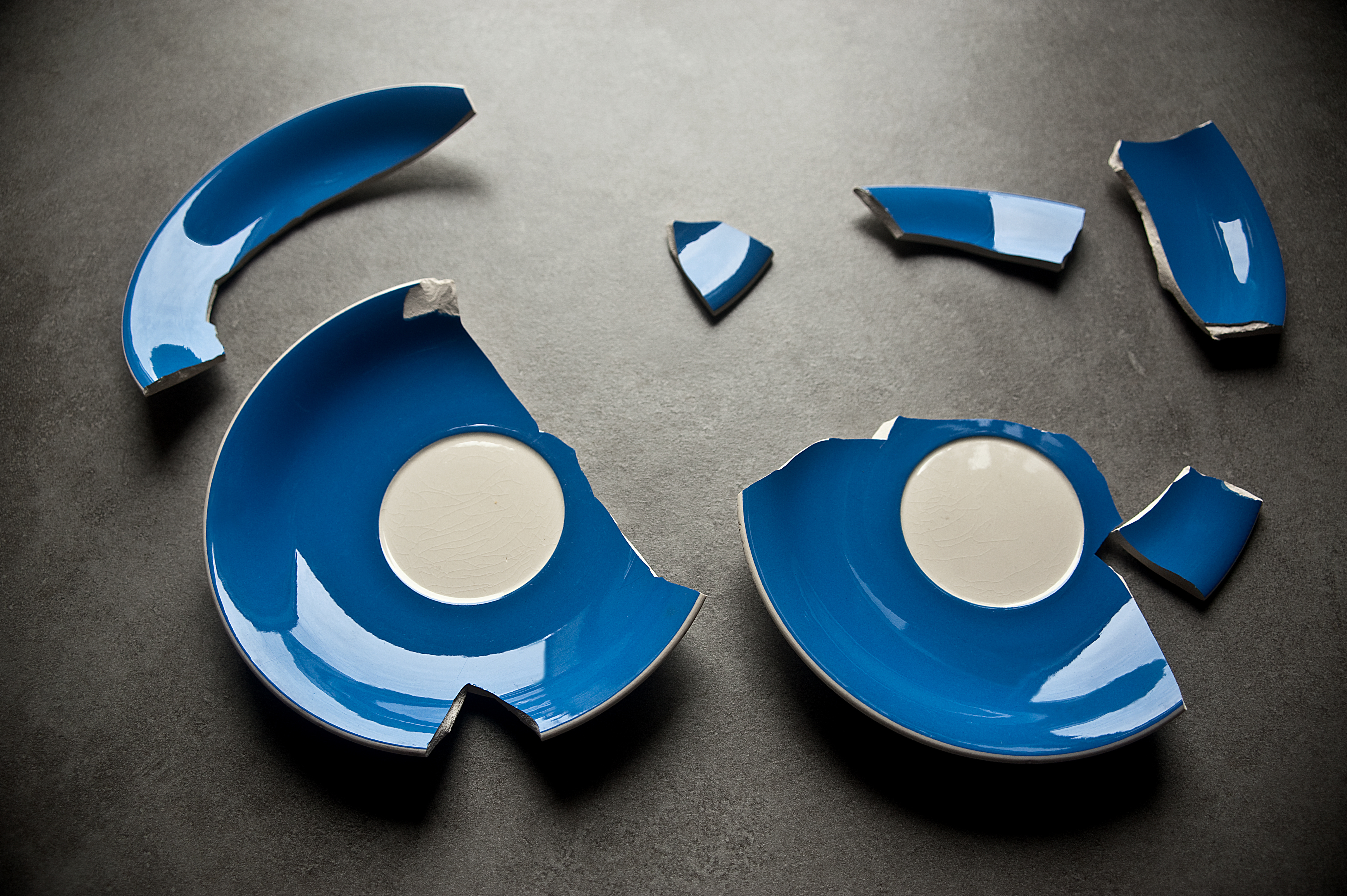 Two broken blue and white plates