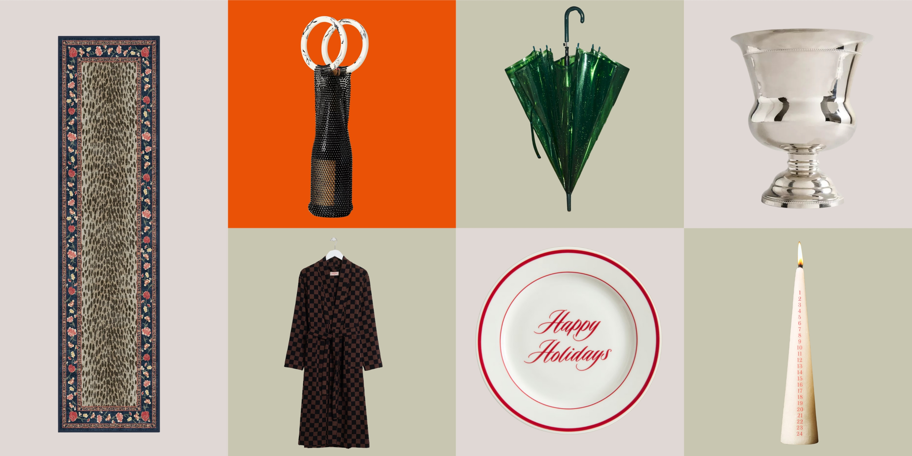Image of a checkerboard of sage, pink, and orange product boxes. Each box has a different homeware product in it. There&#039;s a runner rug, a wine holder, an umbrella, a silver vase, a bathrobe, a holiday plate, and an Advent calendar candle.
