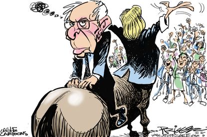 Political cartoon U.S. Bernie Sanders Hillary Clinton endorsement donkey