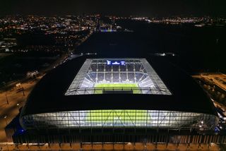 An aerial view of Everton's new stadium during a test event in February 2025.