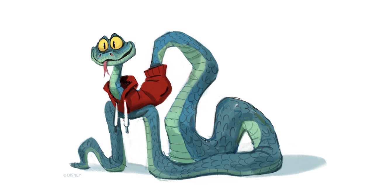 Visual development of Gary the Snake wearing a hoodie against a white background