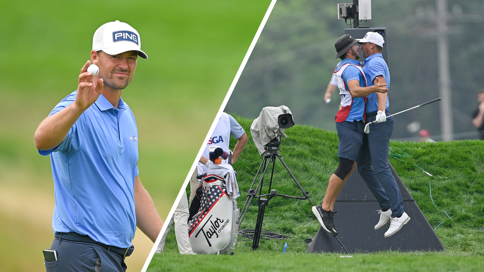 Victor Perez holds his ball up to the crowd during round two of the US Open (left) while he and his caddie celebrate the Frenchman&#039;s ace with a belly bump (right)