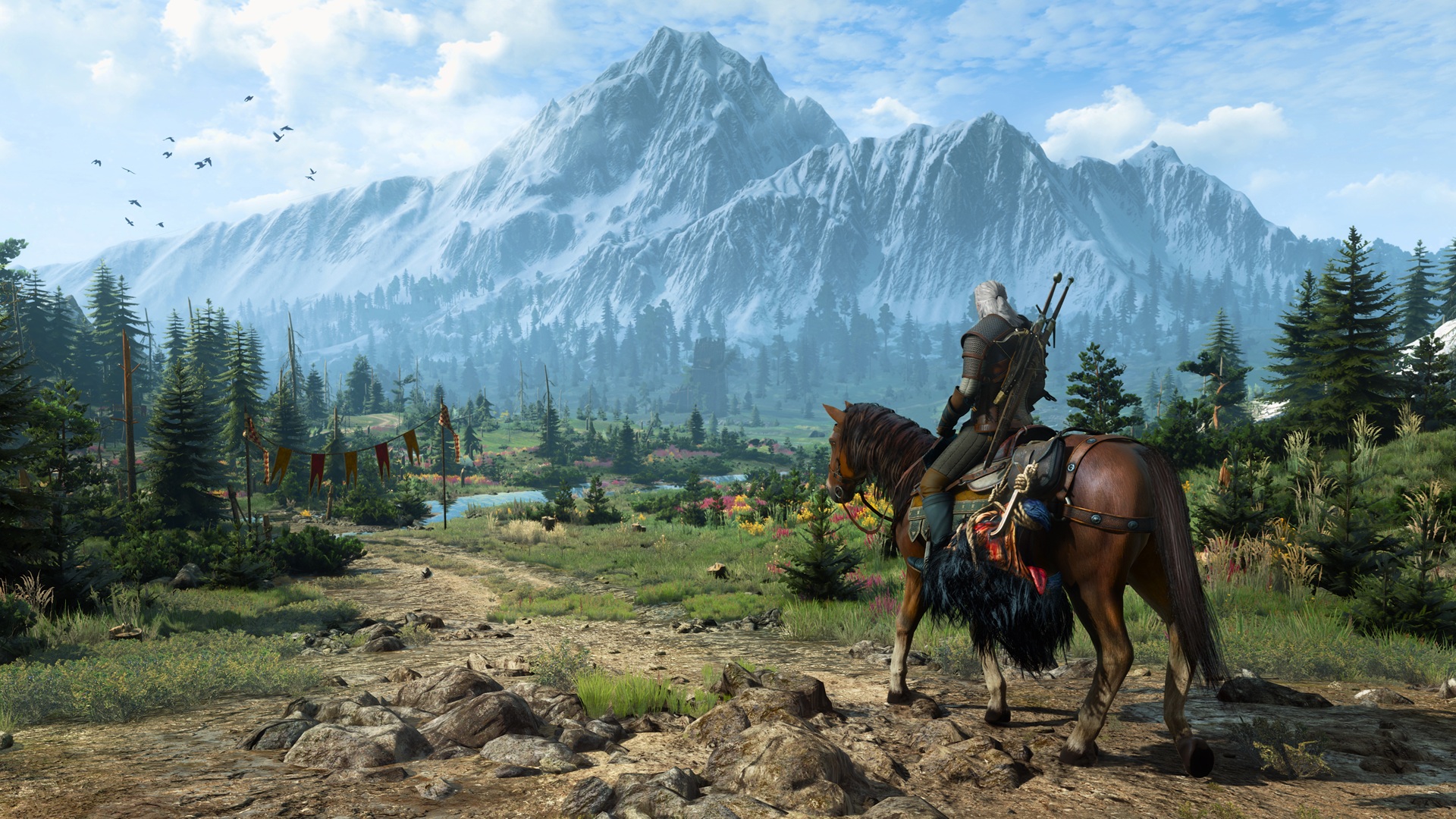 Geralt on horseback in Skellige in The Witcher 3: Wild Hunt 