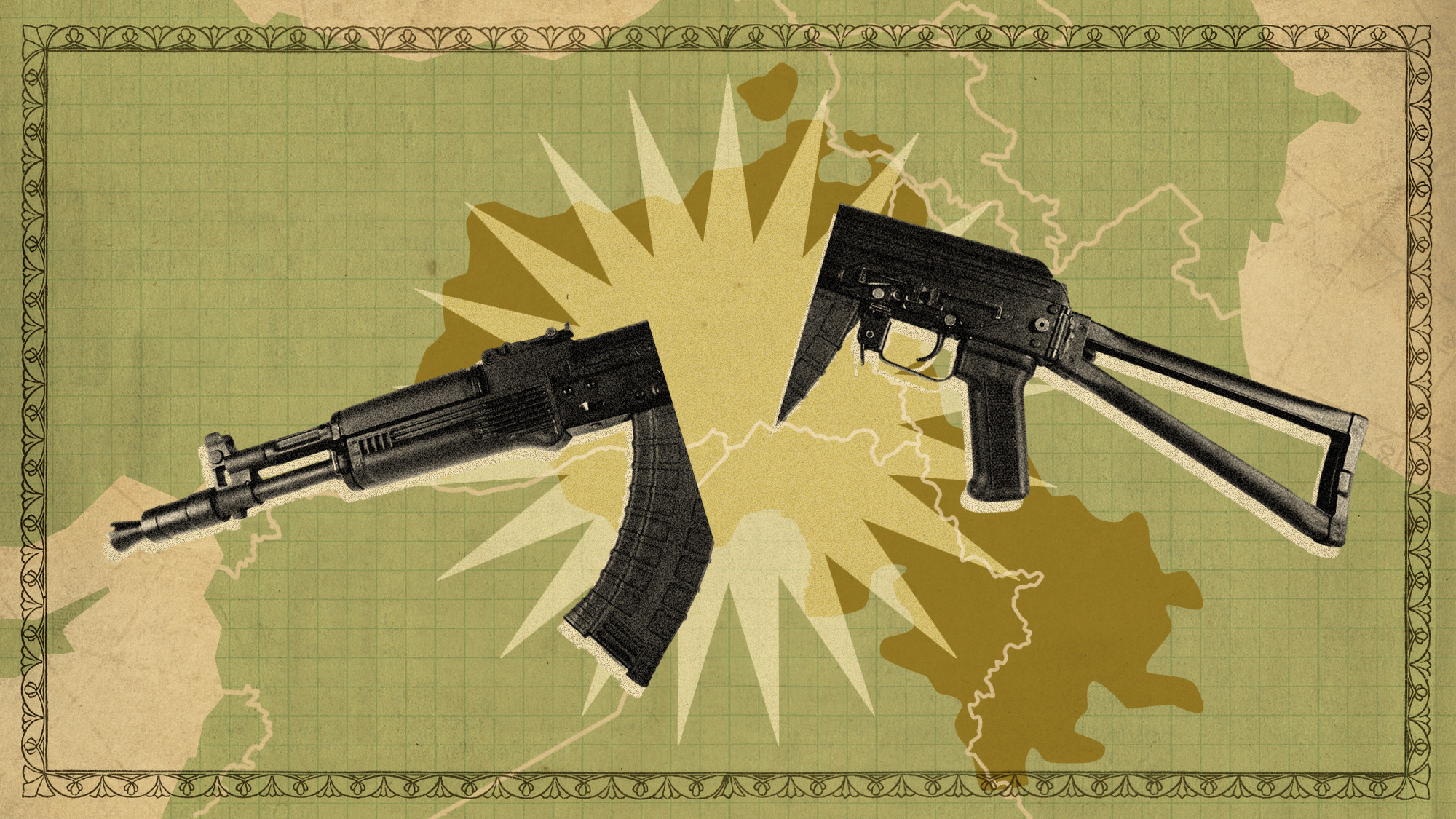 Photo collage of an automatic rifle, split in half, over the background of the Kurdish majority area on the map.