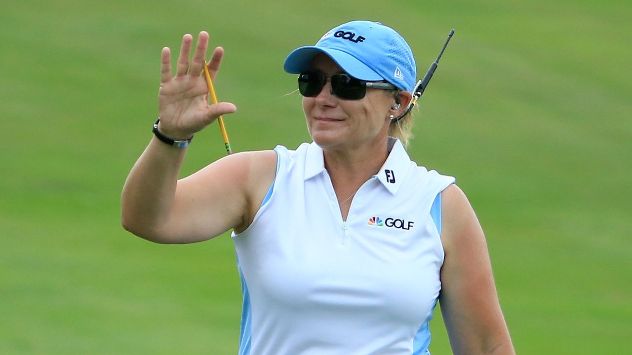 Karen Stupples broadcasting for the Golf Channel in 2019