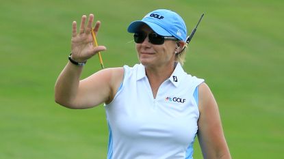 Karen Stupples broadcasting for the Golf Channel in 2019