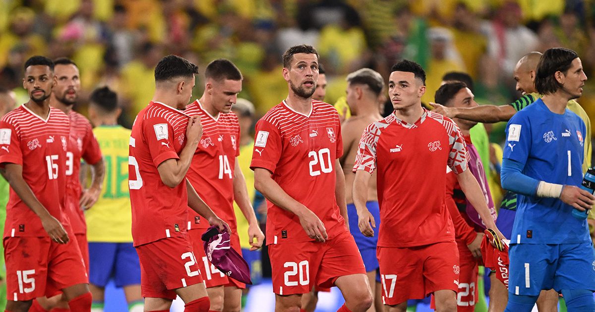 (From L) Switzerland&#039;s midfielder #15 Djibril Sow, Switzerland&#039;s midfielder #25 Fabian Rieder, Switzerland&#039;s midfielder #14 Michel Aebischer, Switzerland&#039;s midfielder #20 Fabian Frei, Switzerland&#039;s forward #17 Ruben Vargas and Switzerland&#039;s goalkeeper #01 Yann Sommer look dejected after they lost the Qatar 2022 World Cup Group G football match between Brazil and Switzerland at Stadium 974 in Doha on November 28, 2022